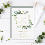 Carte de mariage à save the date en or botanique e<br><div class="desc">Cette invitation de save the date de mariage présente une verdure d'eucalyptus peinte à l'aquarelle,  des feuilles vertes et un cadre carré doré. Pour une personnalisation plus avancée de ce design,  veuillez cliquer sur le lien "Personnaliser davantage". Des articles assortis sont également disponibles.</div>