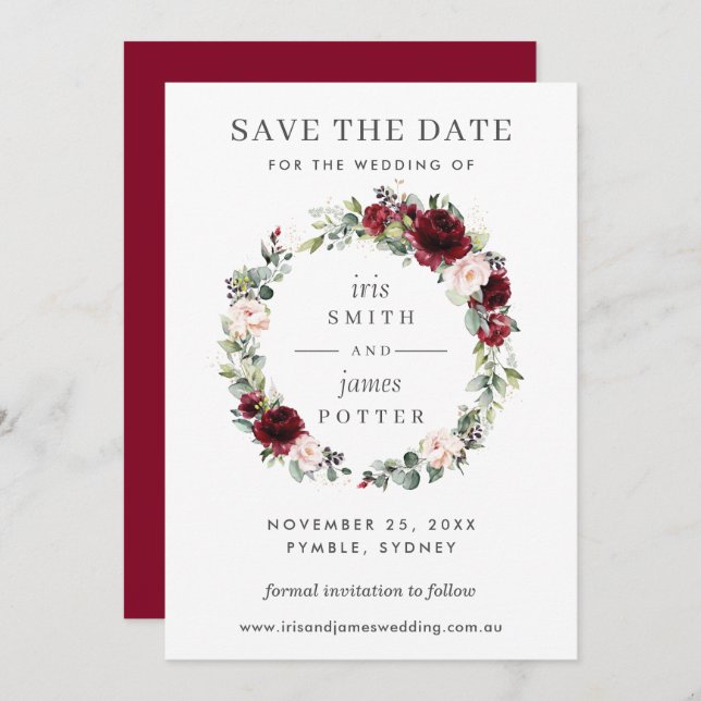 Carte de mariage à save the date florale Burgundy  (Devant / Derrière)