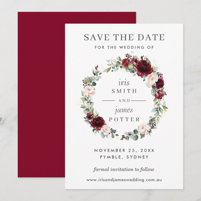 Carte de mariage à save the date Florale Rouge de  (Devant / Derrière)