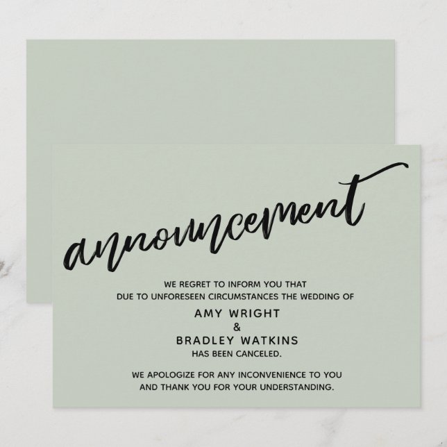 Carte de mariage annulée Sage Modern Handwriting (Devant / Derrière)