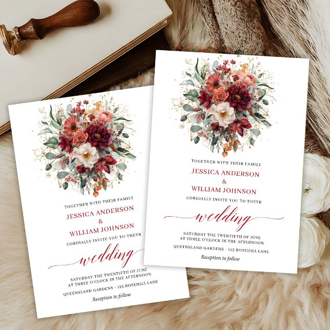 Carte de mariage aux fleurs et feuillages d'automn (Burgundy Boho Autumn Flowers Greenery Wedding Invite

)