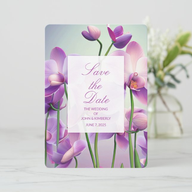 Carte de mariage avec des orchidées violettes (Debout devant)