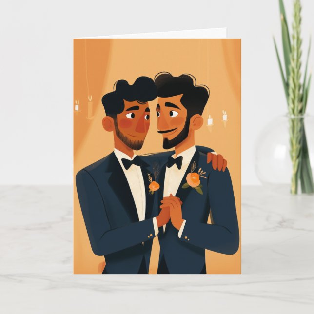 Carte de mariage avec deux mariés en smoking (Devant)