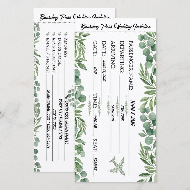 Carte de mariage Billet d'embarquement de verdure  (Devant / Derrière)