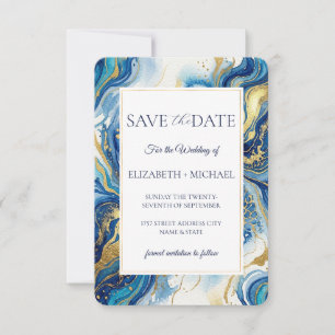 Carte de Mariage Bleu Or Marbré Élégante