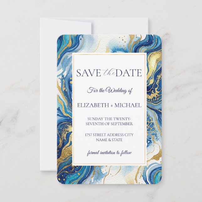 Carte de Mariage Bleu Or Marbré Élégante (Devant)