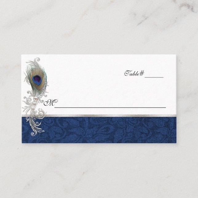 Carte de Mariage Blue Damask and Peacock Feather (Devant)