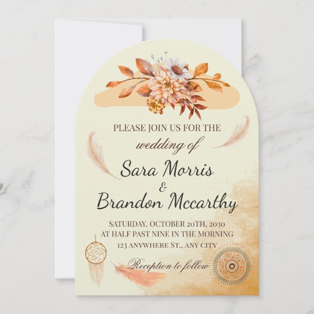 Carte de mariage bohème aquarelle rustique (Devant)