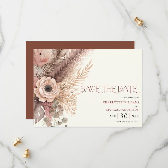 Carte de mariage Boho avec herbe des Pampas à cons (Devant/Arrière en situation)