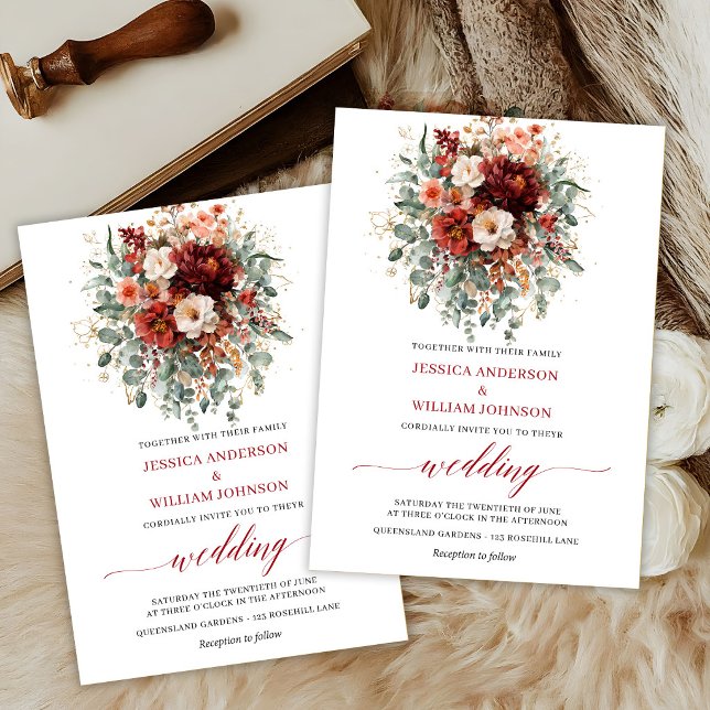 Carte de mariage Boho Eucalyptus Fleurs d'Automne  (Maroon Autumn Flowers Boho Eucalyptus Wedding Invite

)