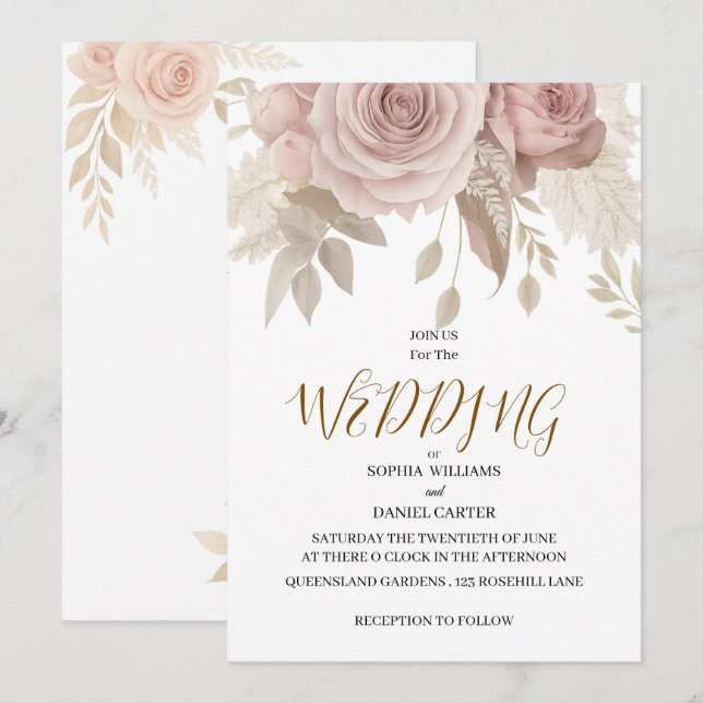 Carte de Mariage Botanique Blush Or Rose Luxe (Devant / Derrière)