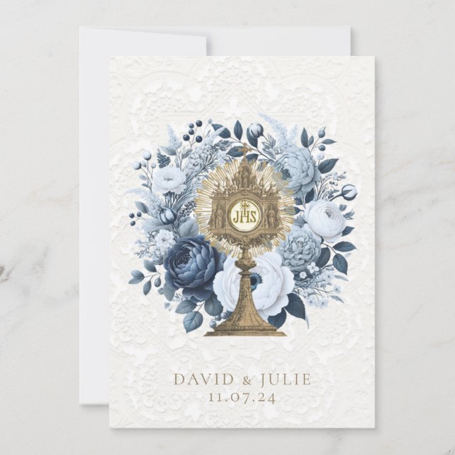 Carte de mariage catholique bleue florale ostensoi (Devant)
