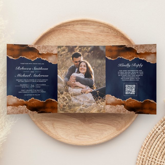 Carte de Mariage Code QR Marine Marbre Agate Orang (Créateur téléchargé)