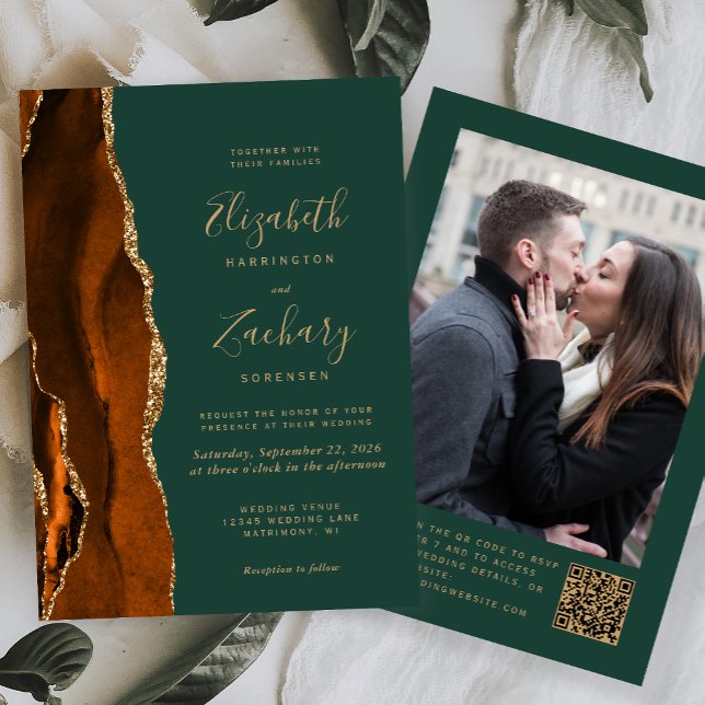 Carte de mariage code QR photo Agate Vert Orange B (Créateur téléchargé)