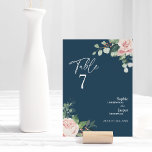 Carte de Mariage de la Marine Florale Blush<br><div class="desc">Cette carte de numéro de table marine mariage florale floue présente de beaux arrière - plans classiques chic de rose pastel et bleu marine avec une typographie moderne simple et une calligraphie élégante pour donner un ton sophistiqué à tout style d'événement. Chaque produit est agrémenté de roses roses roses rousses...</div>