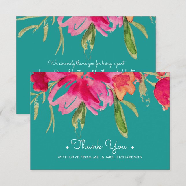 Carte de Mariage de Merci Floral Fuchsia Turquoise (Devant / Derrière)