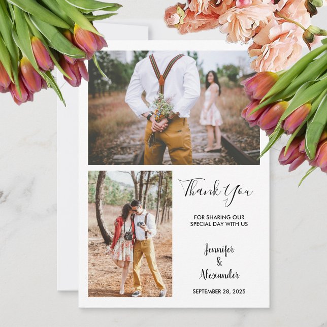 Carte de mariage de Merci photo rustique moderne (Modern rustic elegant photo Thank You wedding card. You can add your own photos to personalize.)