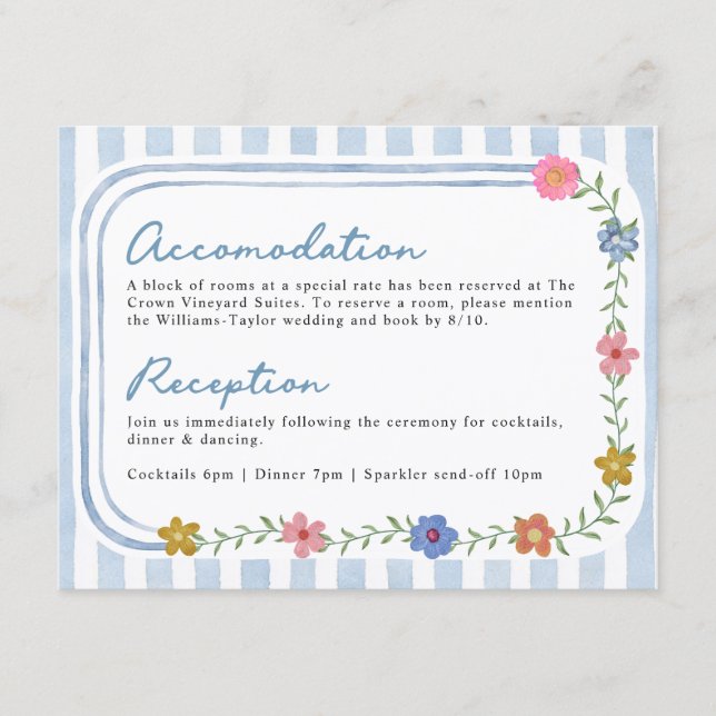 Carte de mariage détails fleurs bleues rayées (Devant)