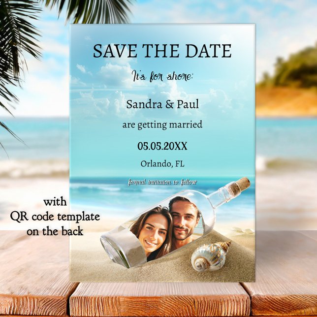 Carte de mariage drôle de bouteille de plage à con (Funny beach wedding Save the Date card featuring a bottle washed ashore with your custom photo)