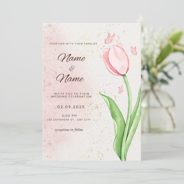 Carte de mariage élégante avec fleurs roses et pap (Debout devant)