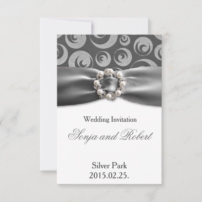 Carte de mariage élégante avec ruban de perle gris (Devant)