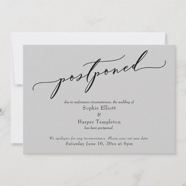 Carte de Mariage Élégante Simple Grise Reportée (Devant)