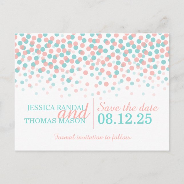 Carte de mariage en teal corail avec confettis pou (Devant)