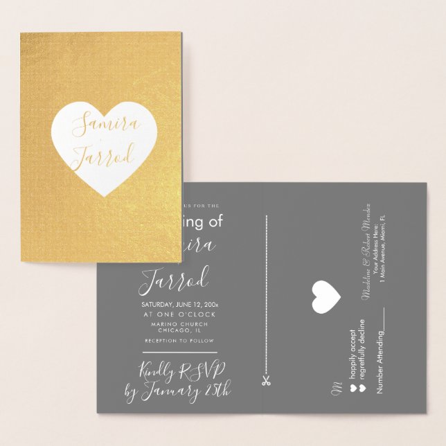 Carte de mariage et RSVP à cœur gris et or décontr (Affichage)