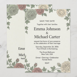 Carte de Mariage Fleurs de Rose et Lierre Botaniqu