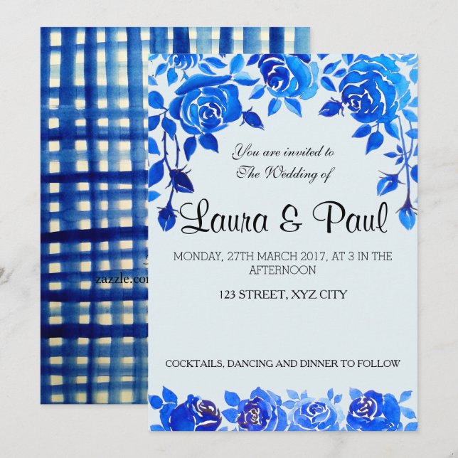 Carte de Mariage Floral bleu Indigo (Devant / Derrière)