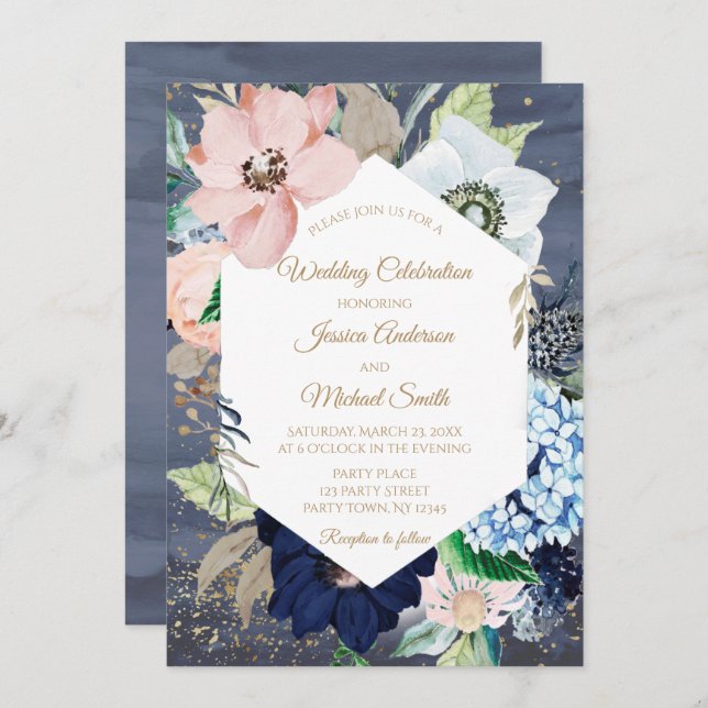 Carte de Mariage Floral Dusty Blue Dusty Rose Gold (Devant / Derrière)