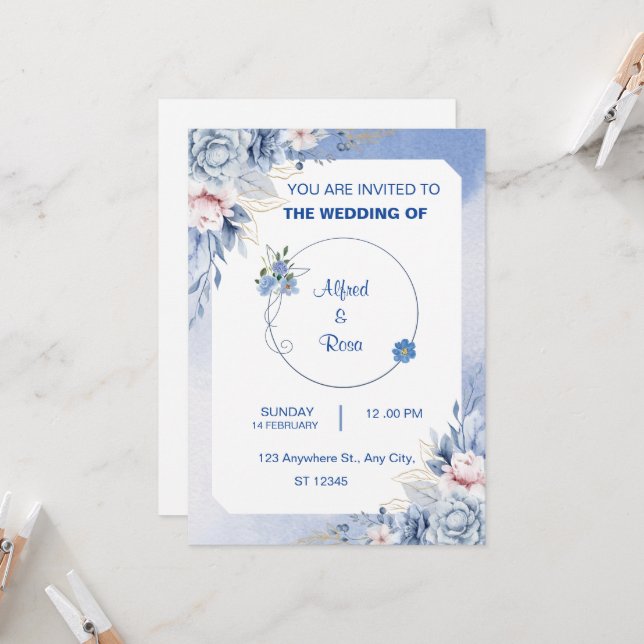 Carte de mariage florale bleue et blanche douce (Devant/Arrière en situation)