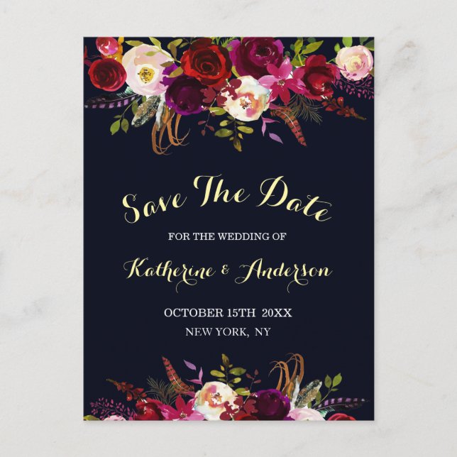 Carte de mariage florale boho Navy Marsala à conse (Devant)