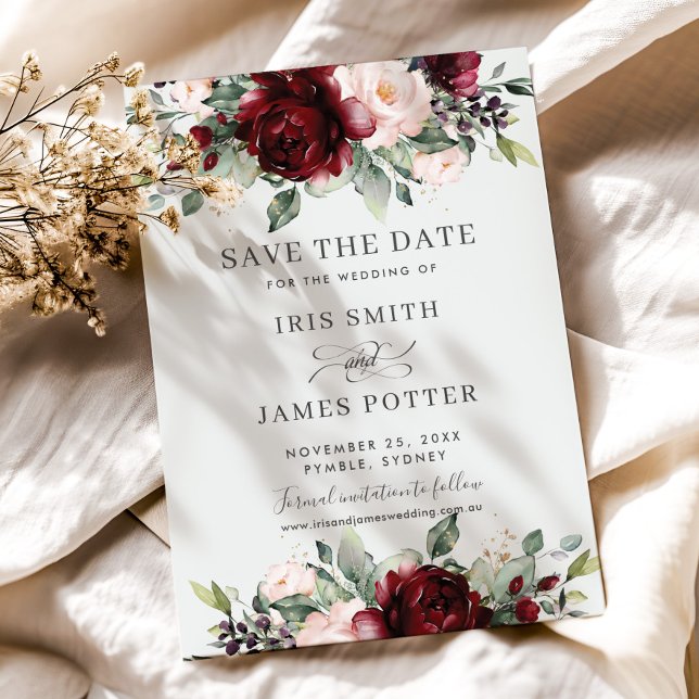 Carte de mariage florale Burgundy Blush à conserve (rustic-elegant-burgundy-blush-pink-floral-flowers-wedding-save-the-date-cards-printed-download)