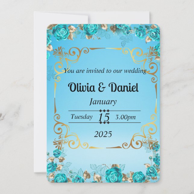 carte de mariage florale or bleu bébé clair (Devant)