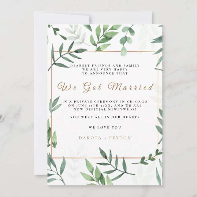 Carte de Mariage Fuite 10a Feuilles Aquarelle (Devant)