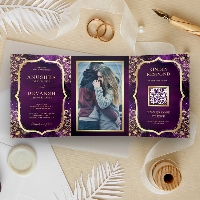 Carte de mariage indienne Mandala QR Code Galaxie  (Créateur téléchargé)
