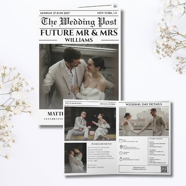 Carte de mariage 'Journal - Enregistrez la date' (Newspaper Wedding Save The Date unique black and white modern couple vintage retro elegante )