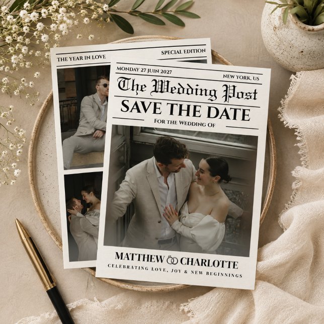 Carte de mariage 'Journal Enregistrez la date' (newspaper wedding save the date cards black and white unique fun classic retro)
