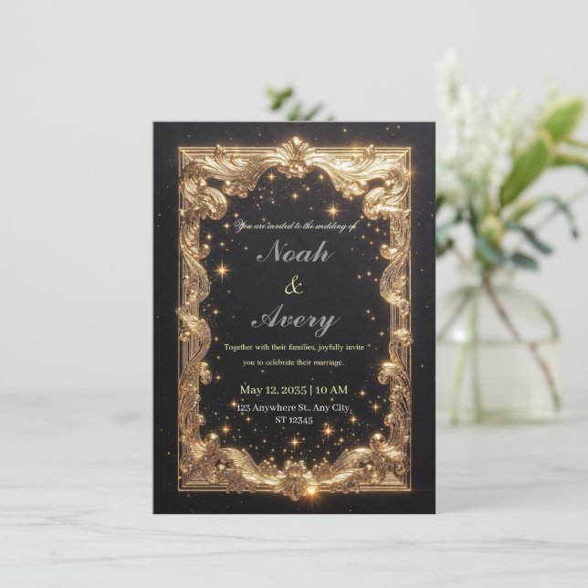 Carte de mariage luxueuse noire mat et or (Debout devant)