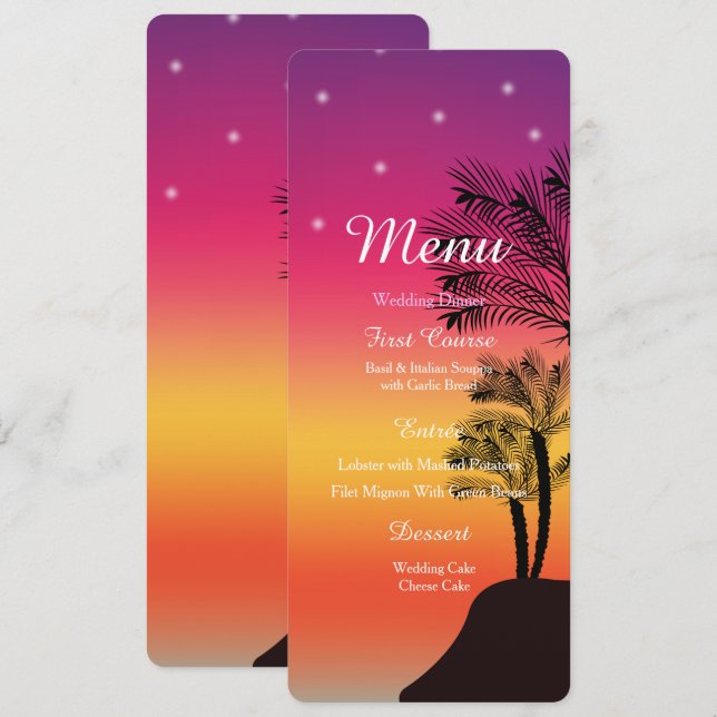 Carte de mariage MENU Palmier au coucher de soleil (Devant / Derrière)