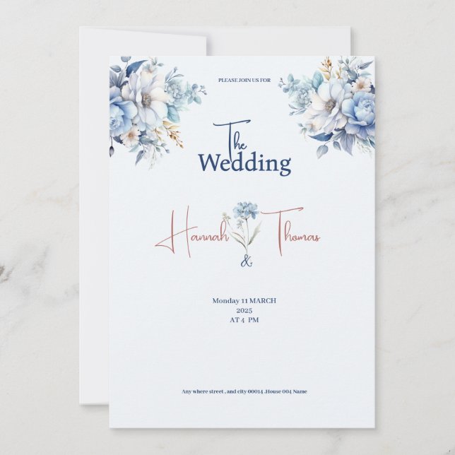 Carte de mariage moderne bleue poussiéreuse fleurs (Devant)