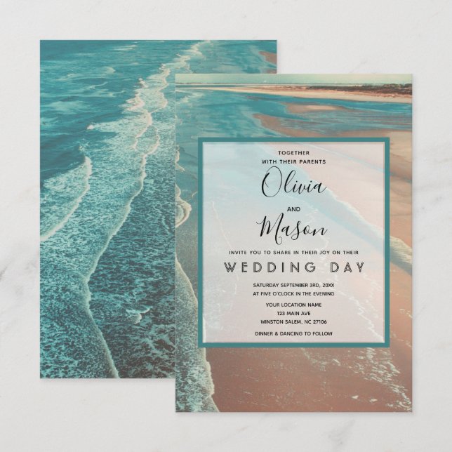 Carte de Mariage moderne Fade Tropical Beach Sea (Devant / Derrière)