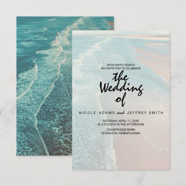 Carte de Mariage moderne Fade Tropical Beach Sea (Devant / Derrière)