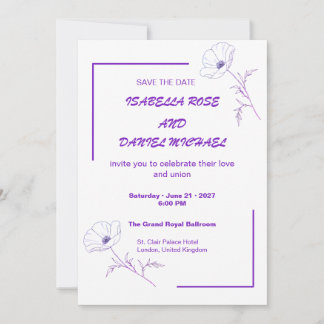 Carte de mariage moderne violette avec dessin liné
