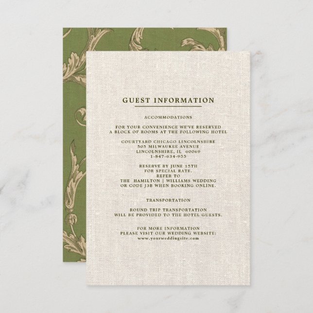 Carte de Mariage Motif Vintage beige vert (Devant / Derrière)