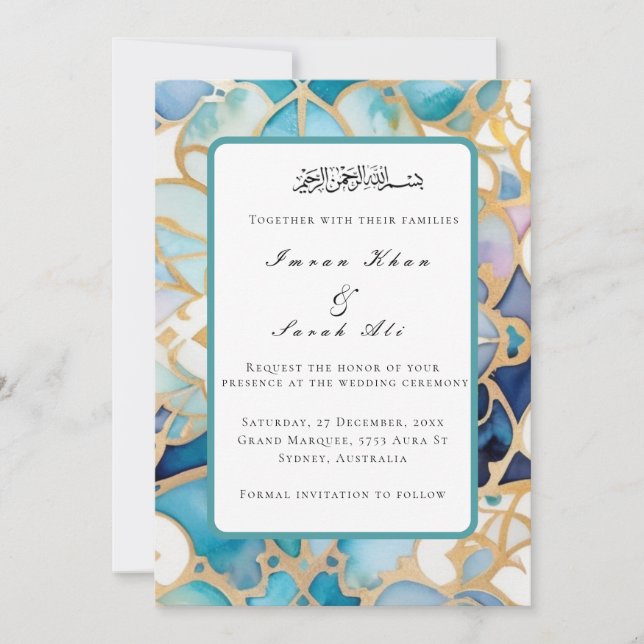 Carte de mariage musulmane turquoise antique à ara (Devant)