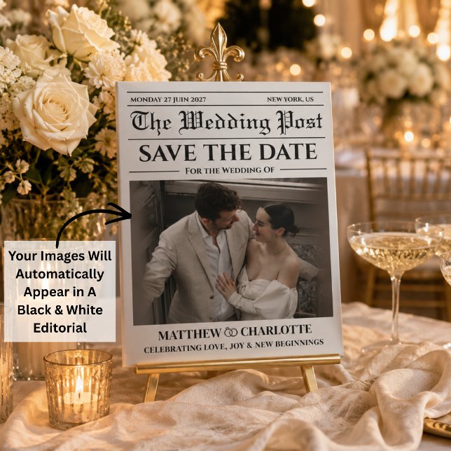 Carte de mariage noir et blanc pour annoncer la da (Newspaper Save the Date Wedding Black and white photo Card)