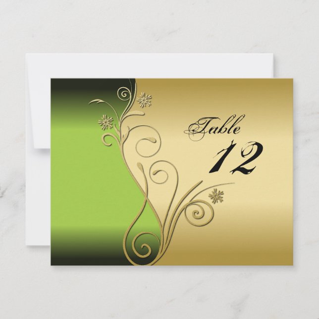 Carte de mariage numéro de table - Vert et or élég (Devant)