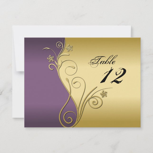 Carte de Mariage Numéro de Table - Violet et Or Él (Devant)
